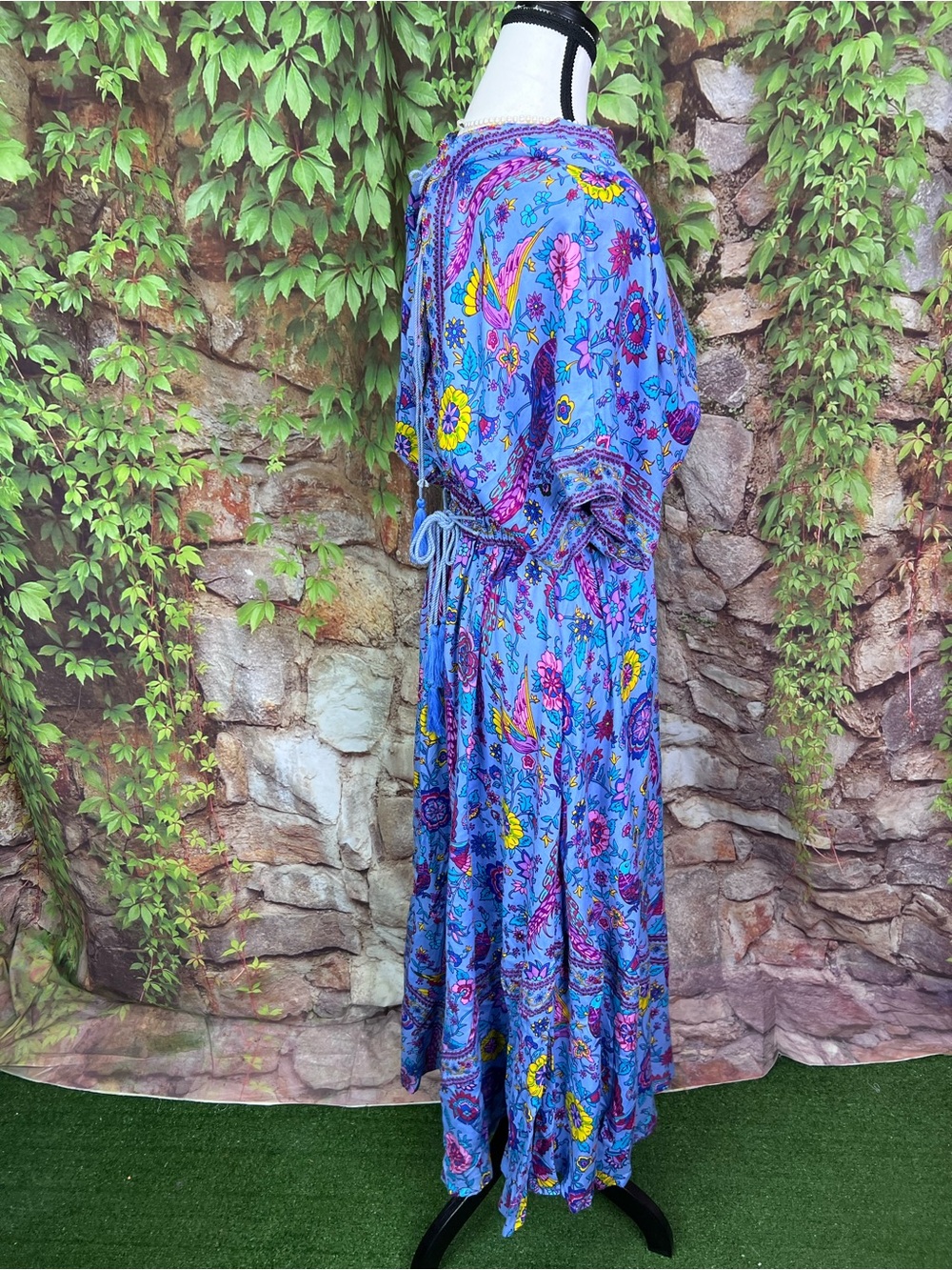 FABRIK Blue Bohemian Floral Tasseled Maxi Dress with Kimono Sleeves, S - Picture 11 of 13